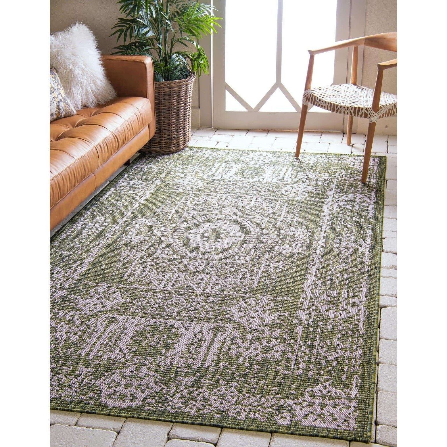 distressed green area rug