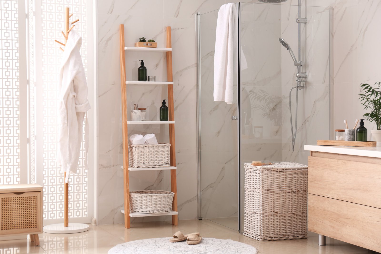 modern bathroom with ladder shelving